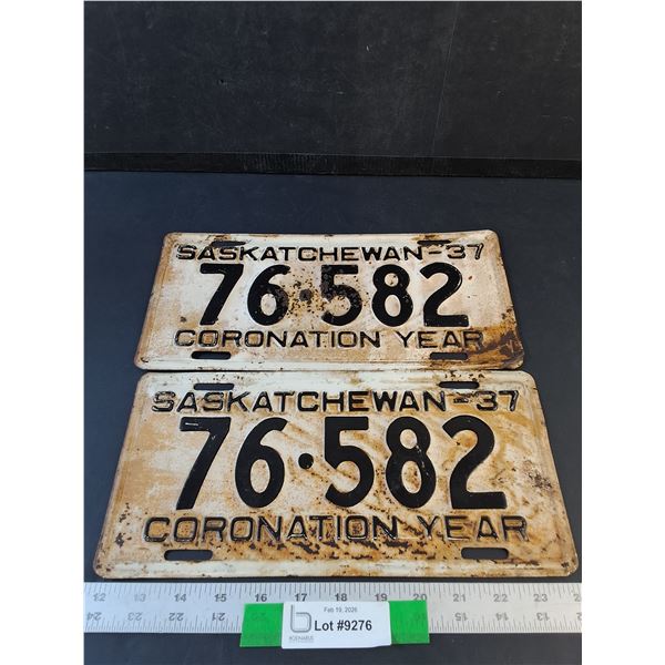 Pair of 1937 Coronation Year Saskatchewan Five Digit License Plates