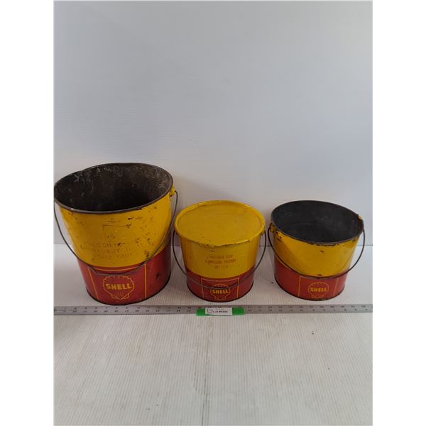 (3) Various Sized Vintage Shell Grease Pails, (2) Missing Lids, Great For Mancave Decor