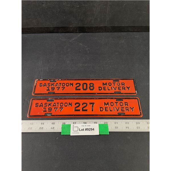 (2) Vintage 1977 Saskatoon Motor Delivery License Plates