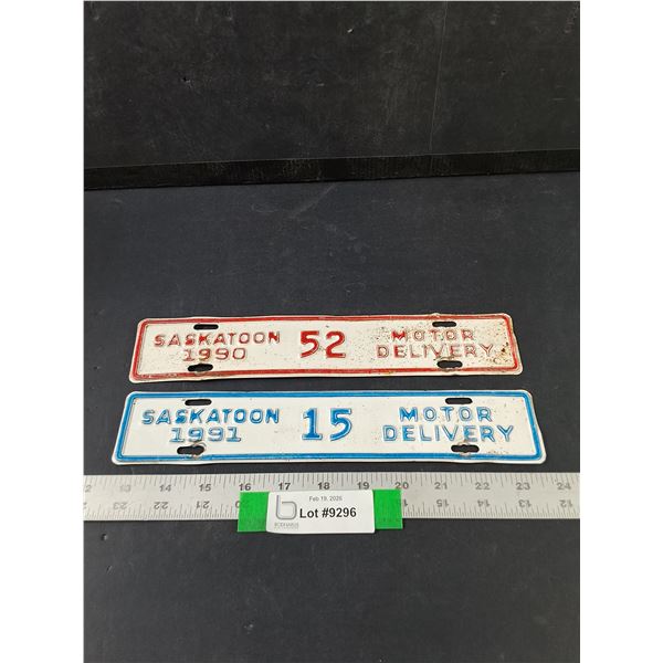 (2) Vintage 1990-1991 Saskatoon Motor Delivery License Plates