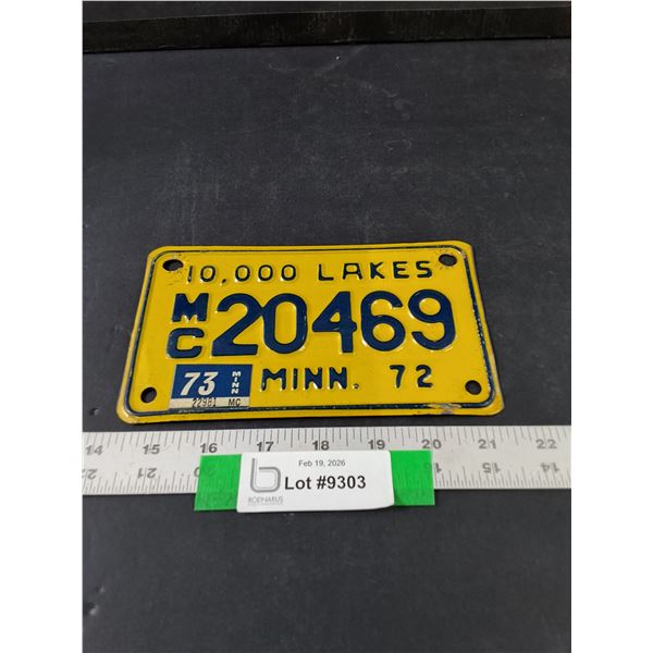 Vintage 1972 Minnesota Motorcycle License Plate w/ 73 Sticker