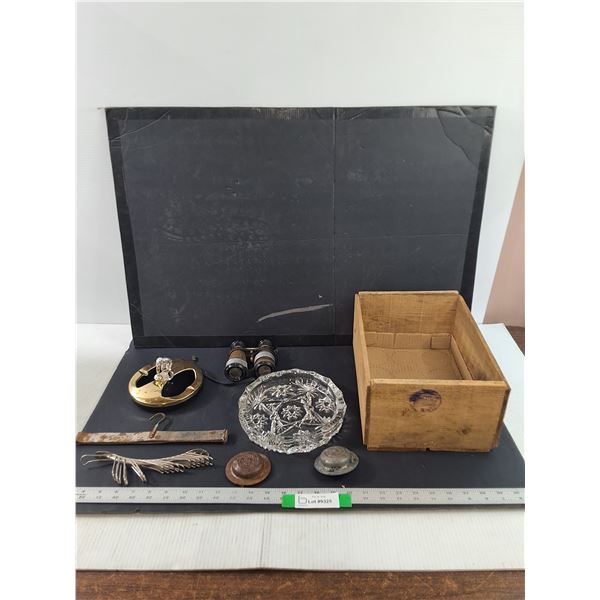 Lot of Various Vintage Items, Binoculars, Wooden Box- 12" x 9" x 5.5", Ashtrays, misc