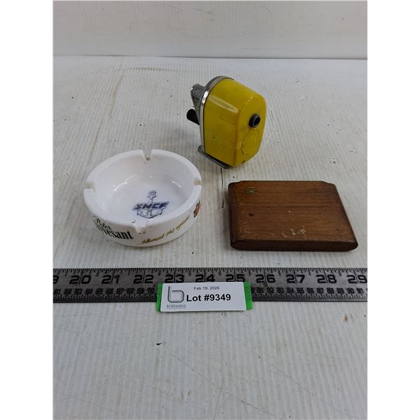 Vintage Milk Glass Ashtray, Wooden Cigarette Holder, Midget Pencil Sharpener