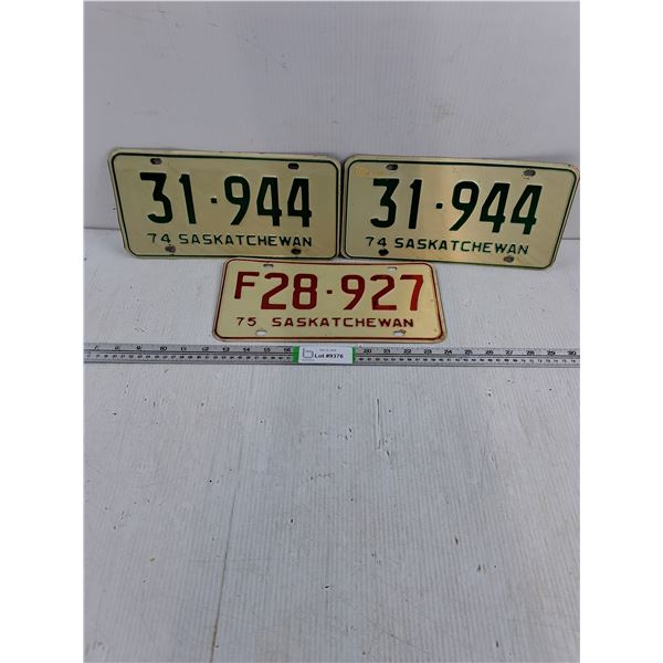 Pair of 1974 and (1) 1975 Saskatchewan License Plates