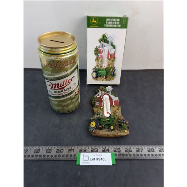 Vintage John Deere Farm Scene Thermometer, Miller 946ml Beer Can Coin Bank