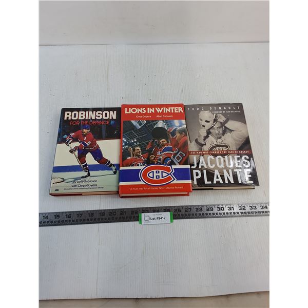 (3) Montreal Canadiens Hard Cover Books (Larry Robinson, Jacques Plante, Lions in Winter)