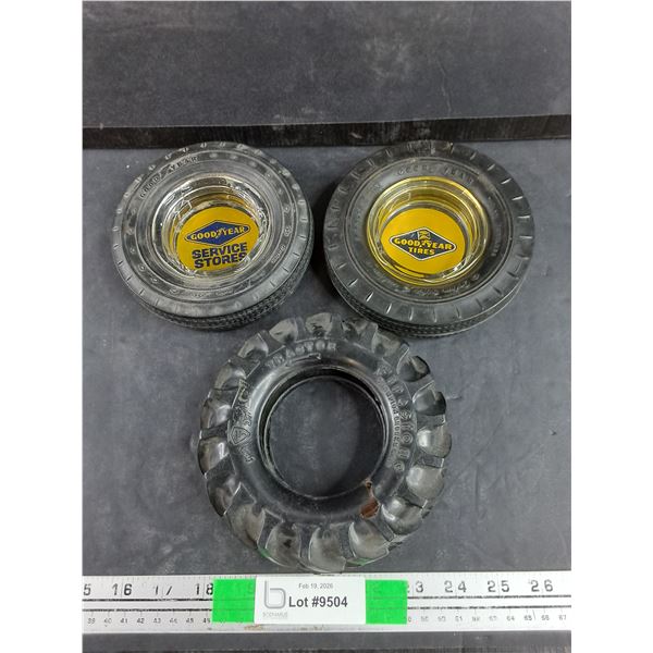 (2) Goodyear Tire Ash Trays (One is Damaged) Miniature Firestone Tractor Tire 6"