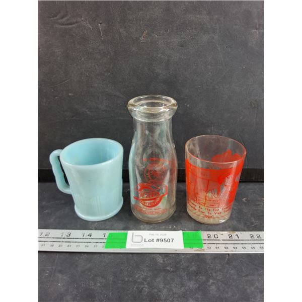 Vintage Hill's Milk Bottle, Commemorative Glass, Fire King Delphite Blue Glass Mug