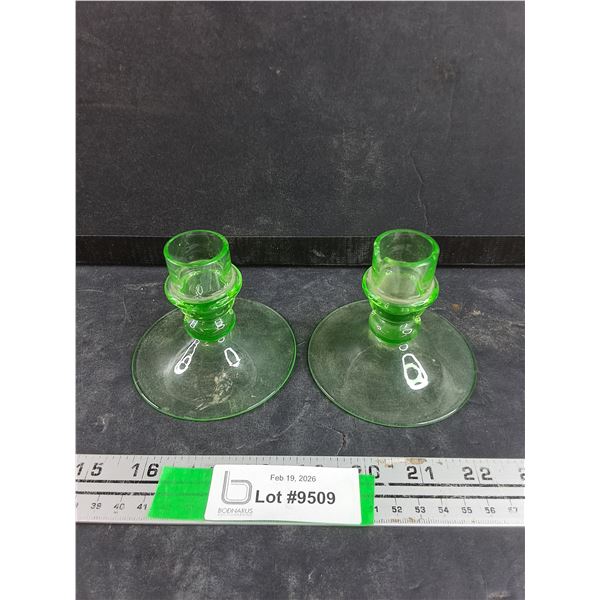 (2) Uranium Glass Candle Stick Holders - Chipped