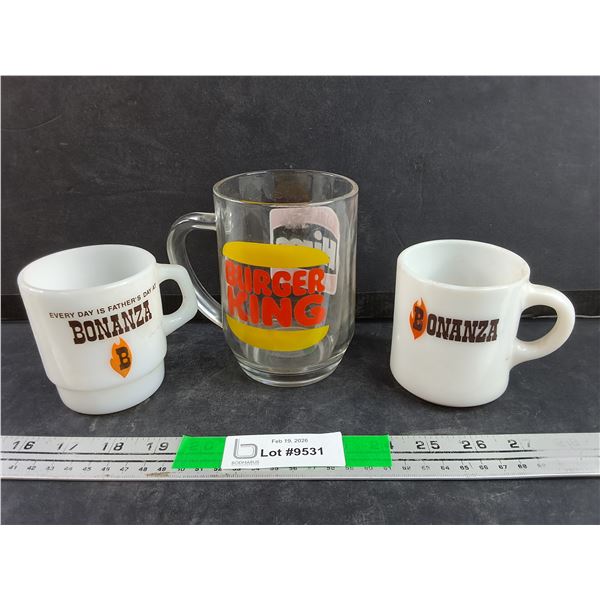 (2) Milk Glass Bonanza Mugs, Glass Burger King Mug