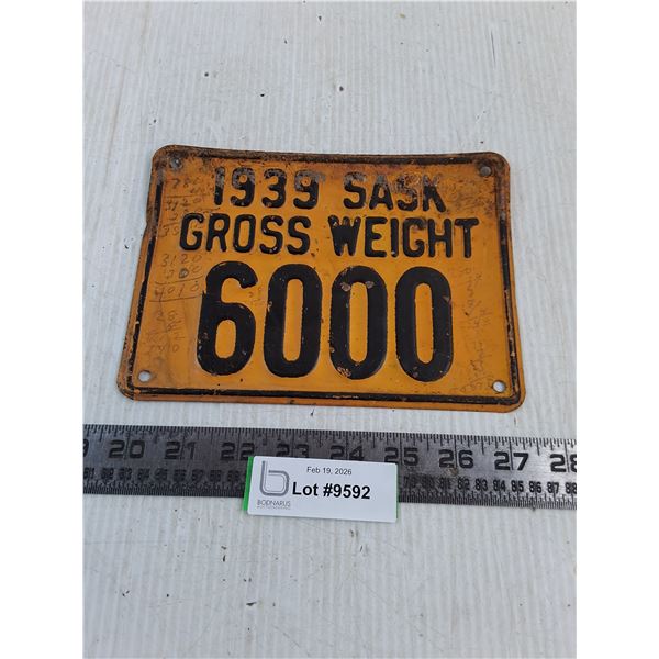 1939 Saskatchewan "Gross Weight" License Plate