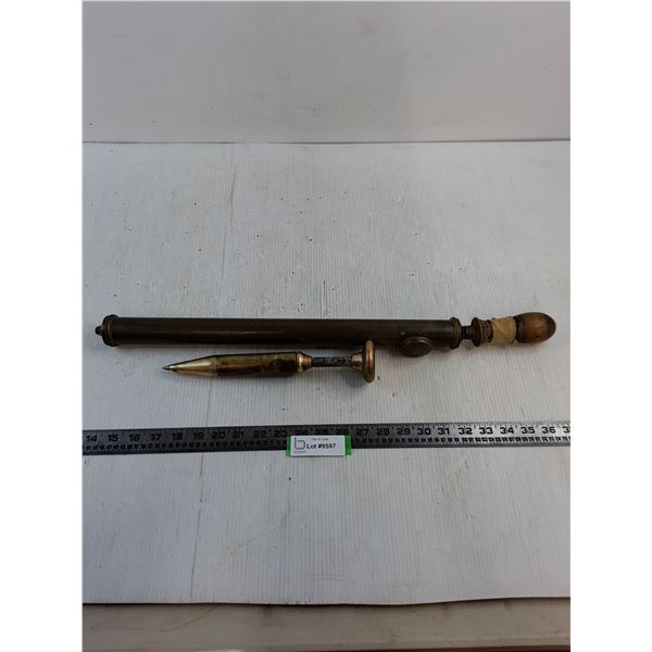 (2) Antique Brass Tools (Plumb Bob - 11" Length & Garden Pump Sprayer - 24" Length)