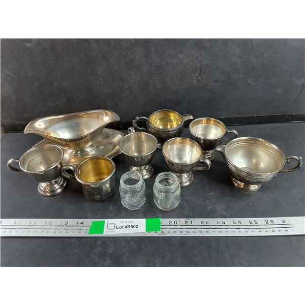 Silver Gravy Boat, Creamer, Cups, Miniature Glass Jars