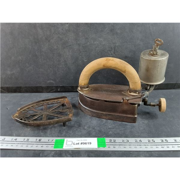 Antique Imperial Gas Self Heating Sad Iron & Trivet