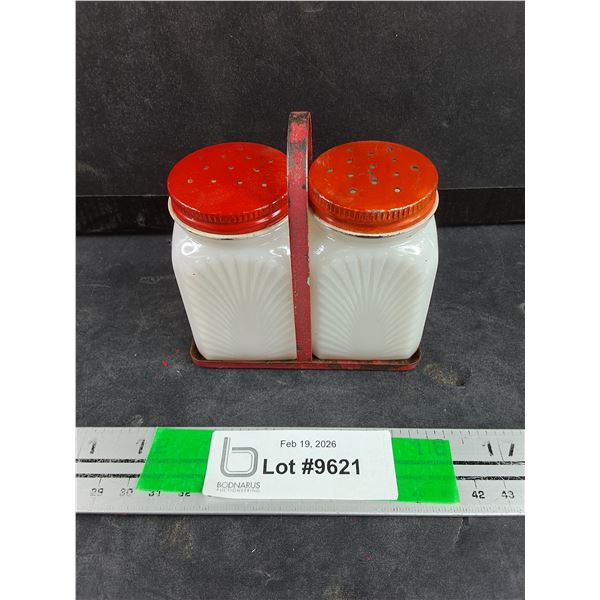 (2) Art Deco Milk Glass S&P Shakers w/Red Caddy
