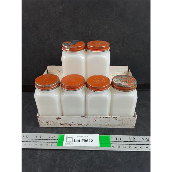 (4) Vintage Milk Glass Spice Jars w/Rack, (2) Milk Glass S&P Shakers