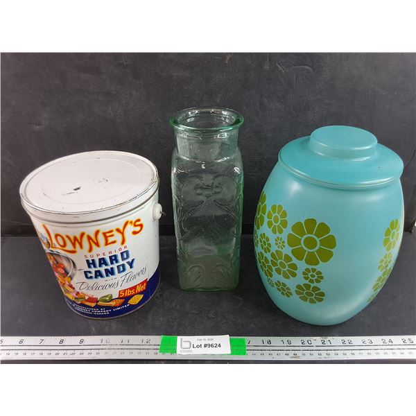 Lowney's Candy Tin, Blue Glass Cookie Jar, Glass Vase