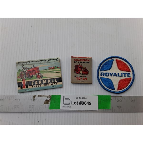 Royalite Clothing Patch & International and Farmall Vintage Matchboxes- Empty