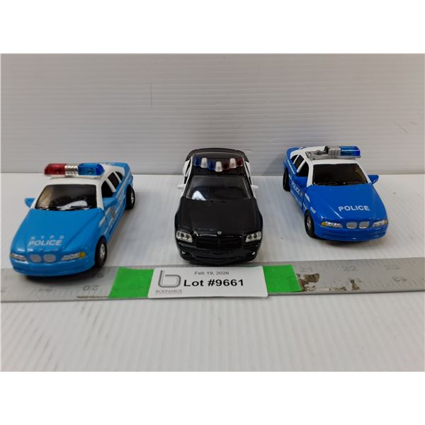 (3) Model Police Cars- Two Windup, One with Sound Effects Up to 1:32 Scale