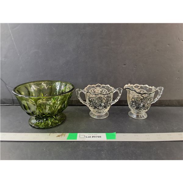 Green Glass Sugar Bowl & Creamer and Sugar Bowl with Silver Overlay