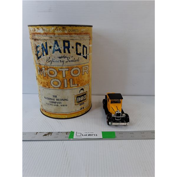 Vintage En-Ar-Co Motor Oil Tin 9.5" & Model 1928 Chevy Pickup Approx. 1:32 Scale