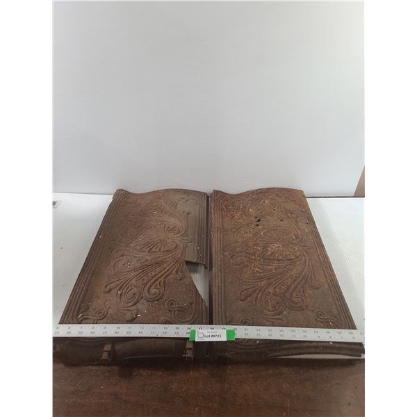 (2) Vintage Ornate Cast Iron Firebacks, From Cast Iron Stove, Both 25" x 13", Both Have Cracks
