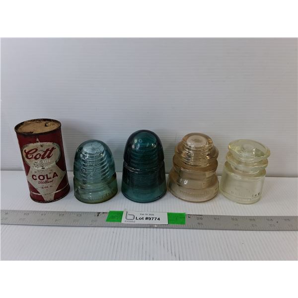 (4) Glass Insulators & Vintage Cott Cola Can