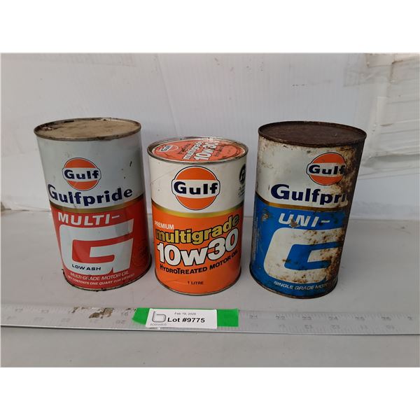 (3) Vintage Cans of Gulf Motor Oil, Two Full- Cannot Ship