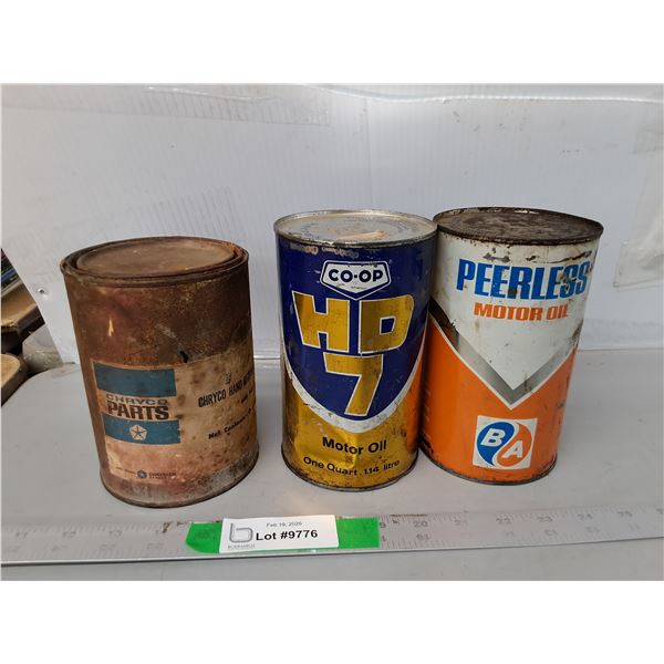 (3) Vintage Cans of Motor Oil- One Full & Chryco Hand Rubbing Compound- Empty, Cannot Ship