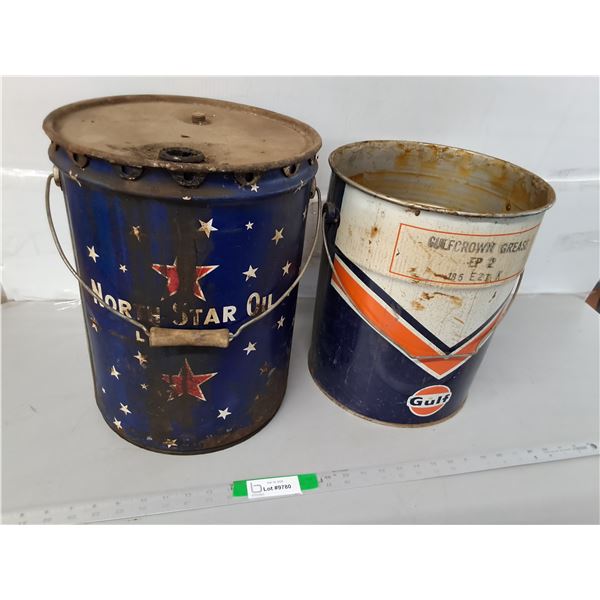 # (2) Vintage Pails Up to 5 Gallons- North Star Transmission Fluid & Gulf Grease, Cannot Ship