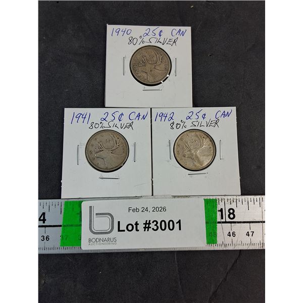 (3) Canadian Quarters-1940-41,42--80% Silver