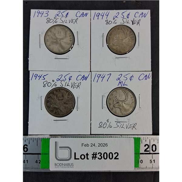 (4) Canadian Quarters-1943,44,45 and 47--80% Silver