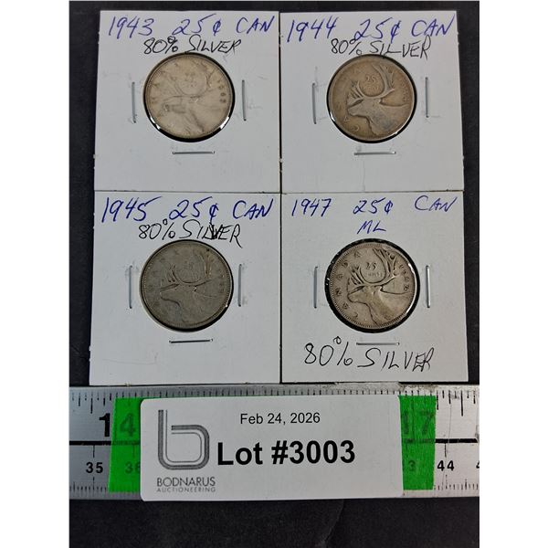 (4) Canadian Quarters-1943,44,45 and 47--80% Silver