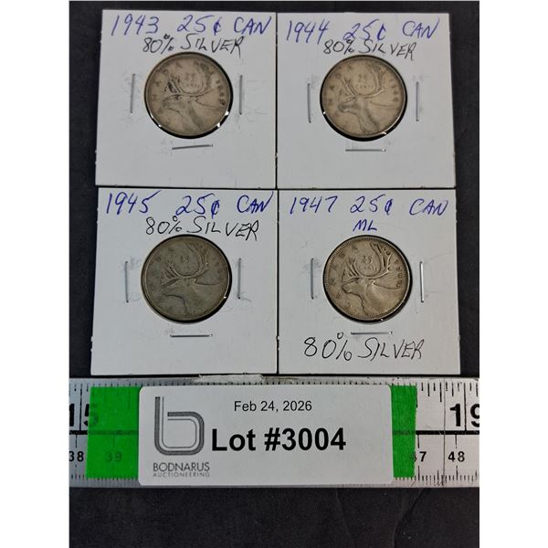 (4) Canadian Quarters-1943,44,45 and 47--80% Silver