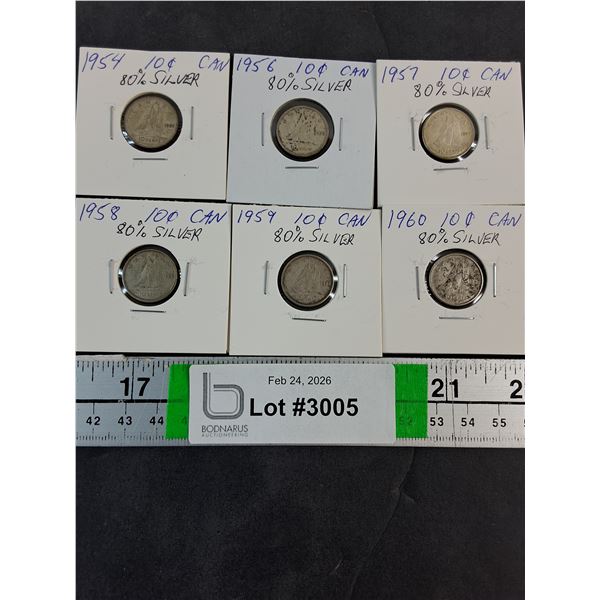 (6) Canadian Dimes-1954,56-60--80% Silver