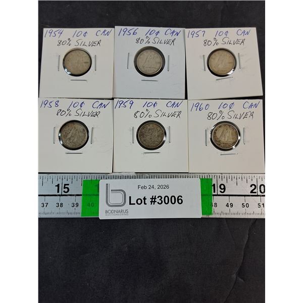 (6) Canadian Dimes-1954,56-60--80% Silver