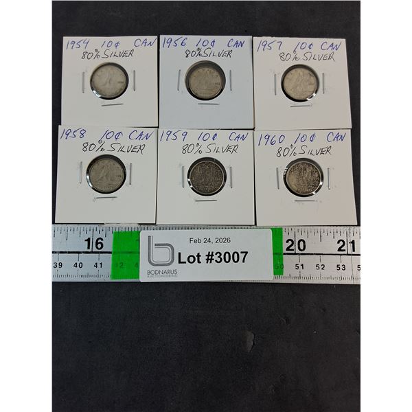 (6) Canadian Dimes-1954,56-60--80% Silver