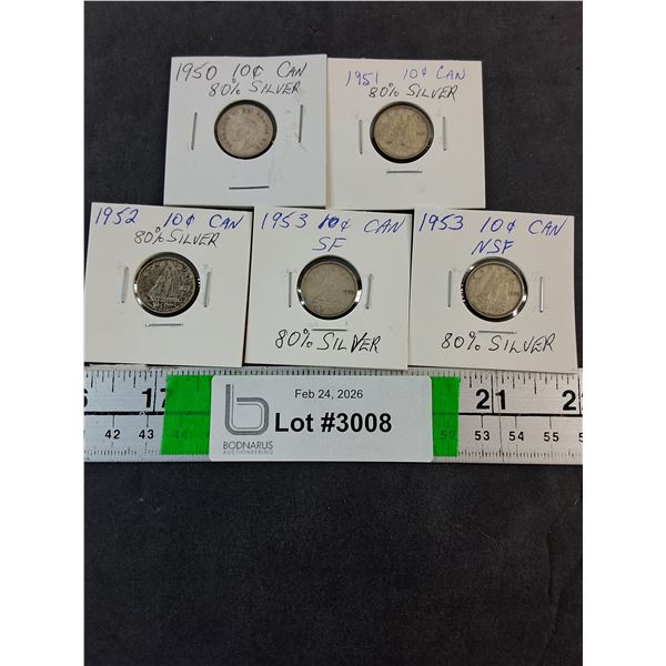 (5) Canadian Dimes-1950-53--80% Silver