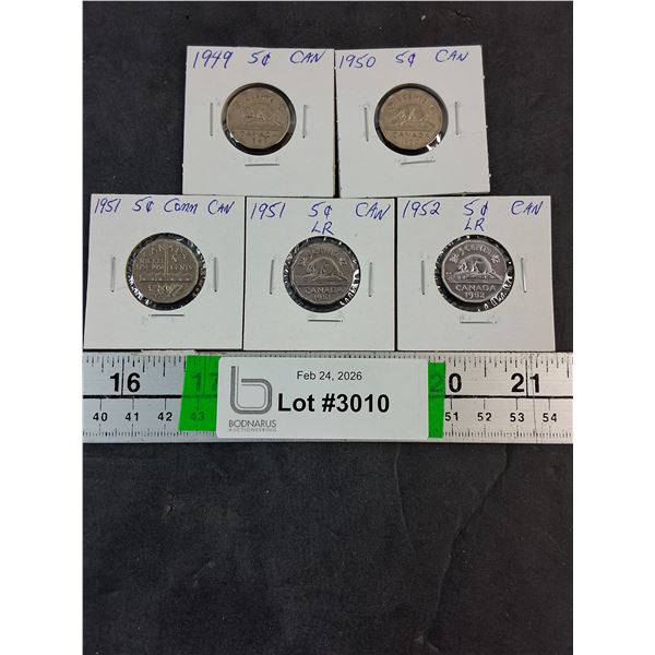 (5) Canadian Nickels 1949 to 1952