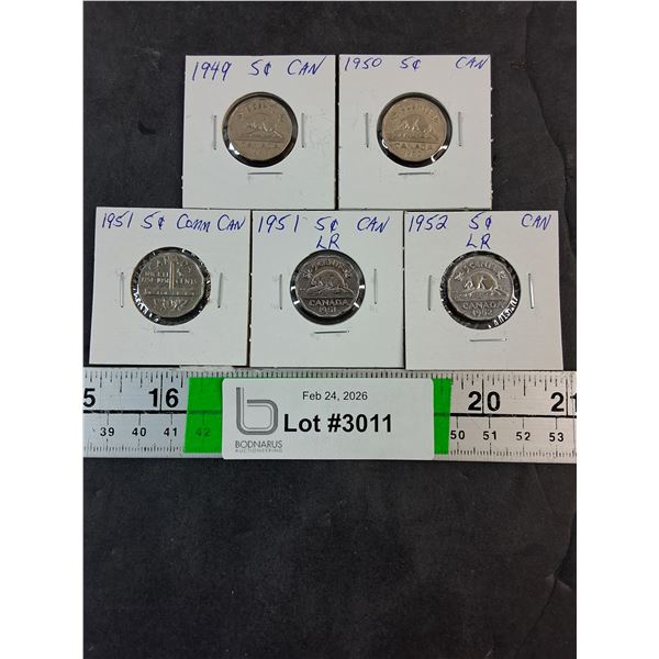 (5) Canadian Nickels 1949 to 1952