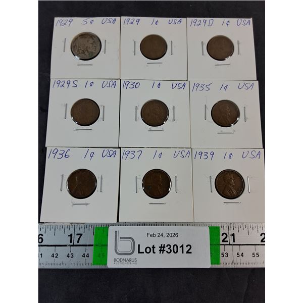 (9) American Coins-(8) Pennies,(1) Nickel-1929,30,35,36,37,39.