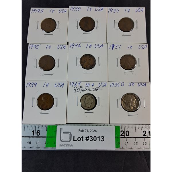 (9) American Coins-(7) Pennies,Dime and Nickel
