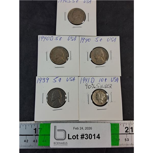 (5) American Coins-(4) Nickels,(1) Dime 1940-41