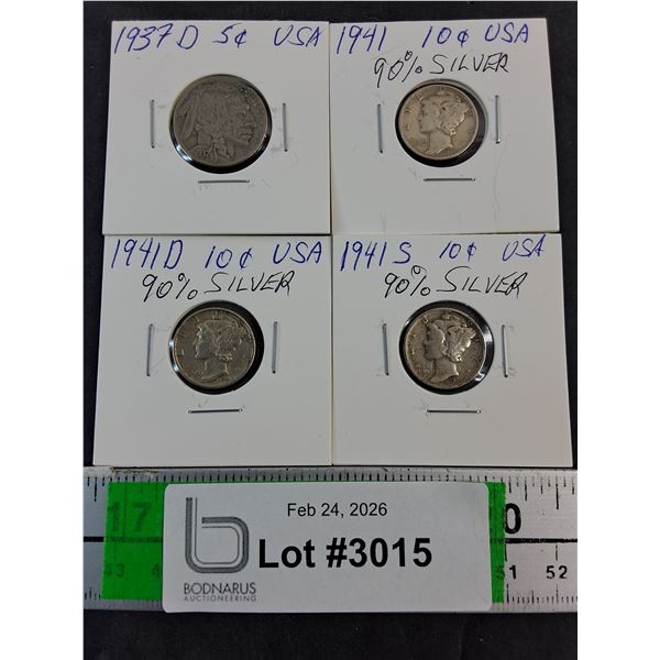 (3) American Dimes (1941) 90% Silver and (1) American Nickel 1937