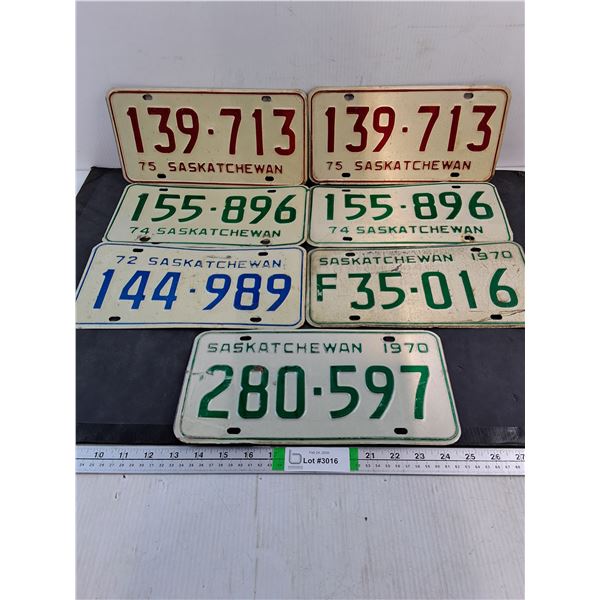 (7) Vintage Saskatchewan License Plates- 2 are Pairs