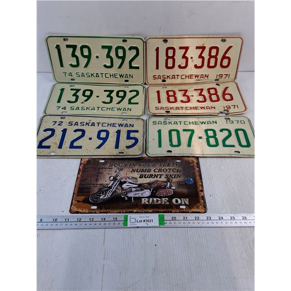 (2) Pairs of Saskatchewan License Plates and (2) Single Plates,Ride On Plate