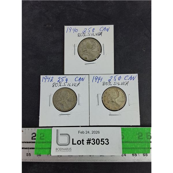 Vintage 1940 - 1942 Canadian 25 Cents 80% Silver Coins - Collectible