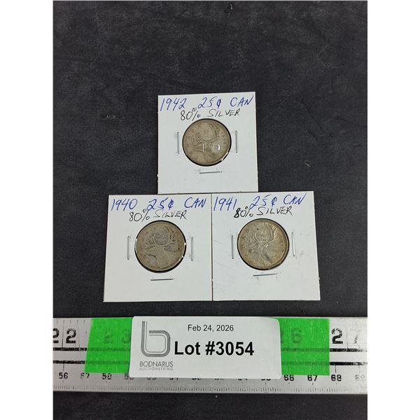 Vintage 1940 - 1942 Canadian 25 Cents 80% Silver Coins - Collectible