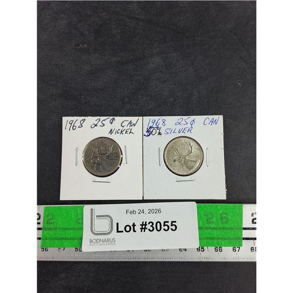 Vintage 1968 Canadian 25 Cents Coins - Nickel & 50% Silver - Collectible