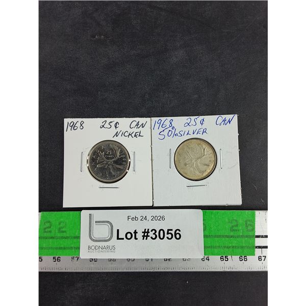 Vintage 1968 Canadian 25 Cents Coins - Nickel & 50% Silver - Collectible